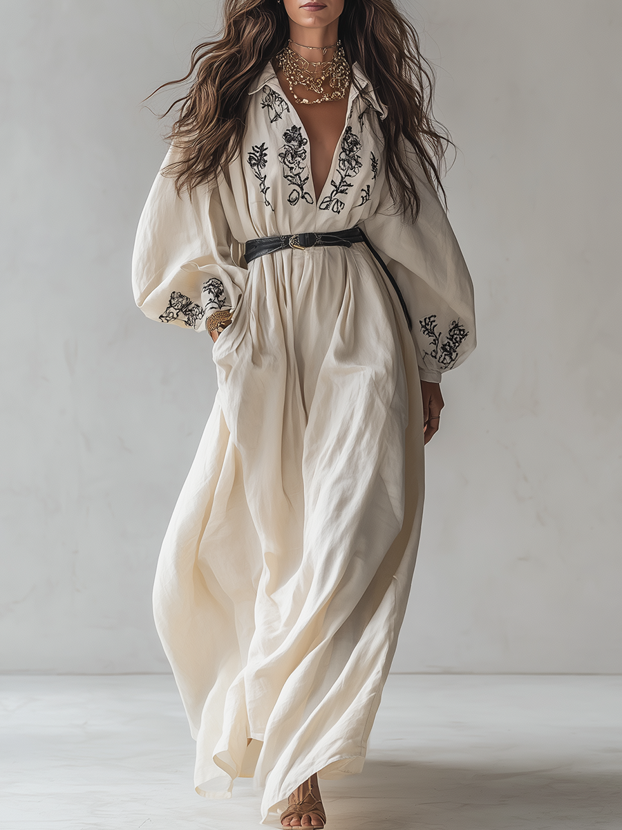 Robe longue chemise en lin crème brodée à manches bouffantes