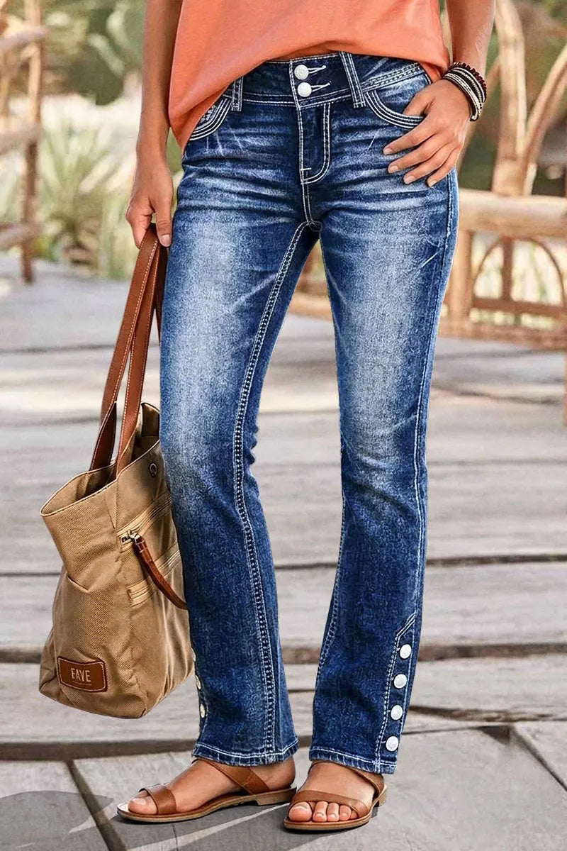 Button Detail Stitch Detail Mid Waist Bootcut Jeans