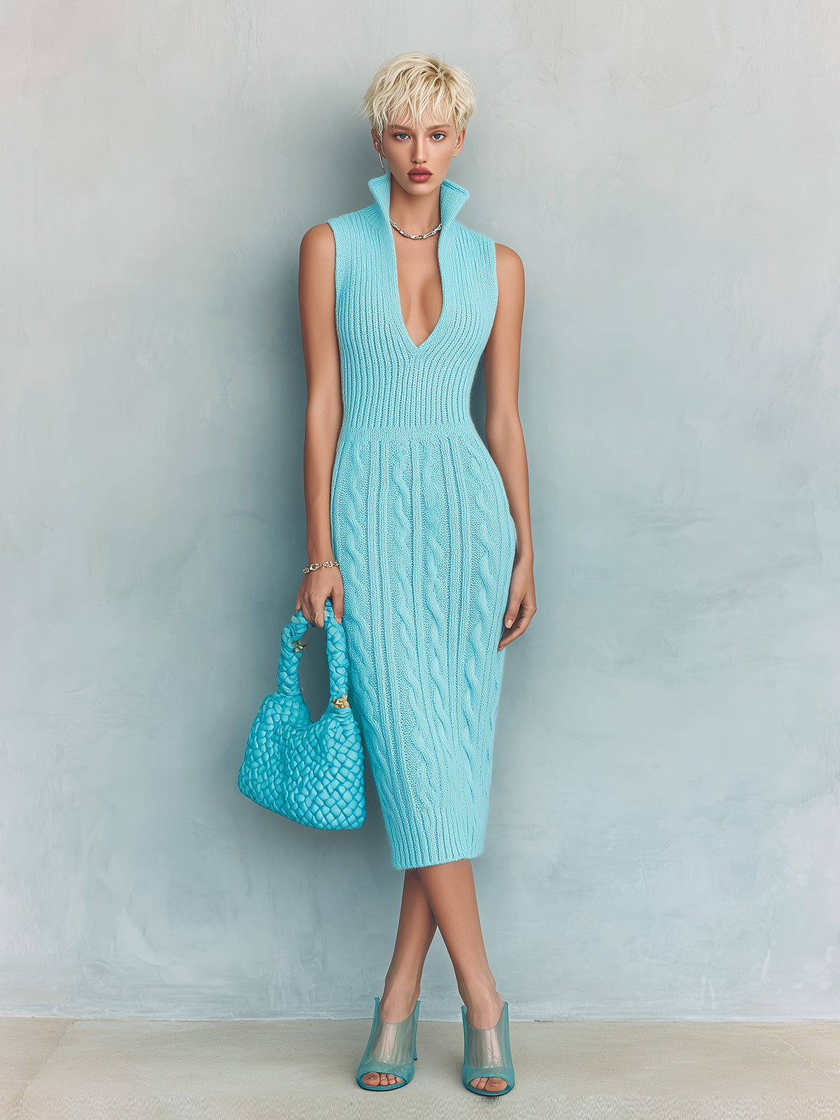 Chic Elegant Blue Stand Collar Deep V-Neck Sleeveless Tailored Waist Slim-Fit Cable Knit Midi Dress