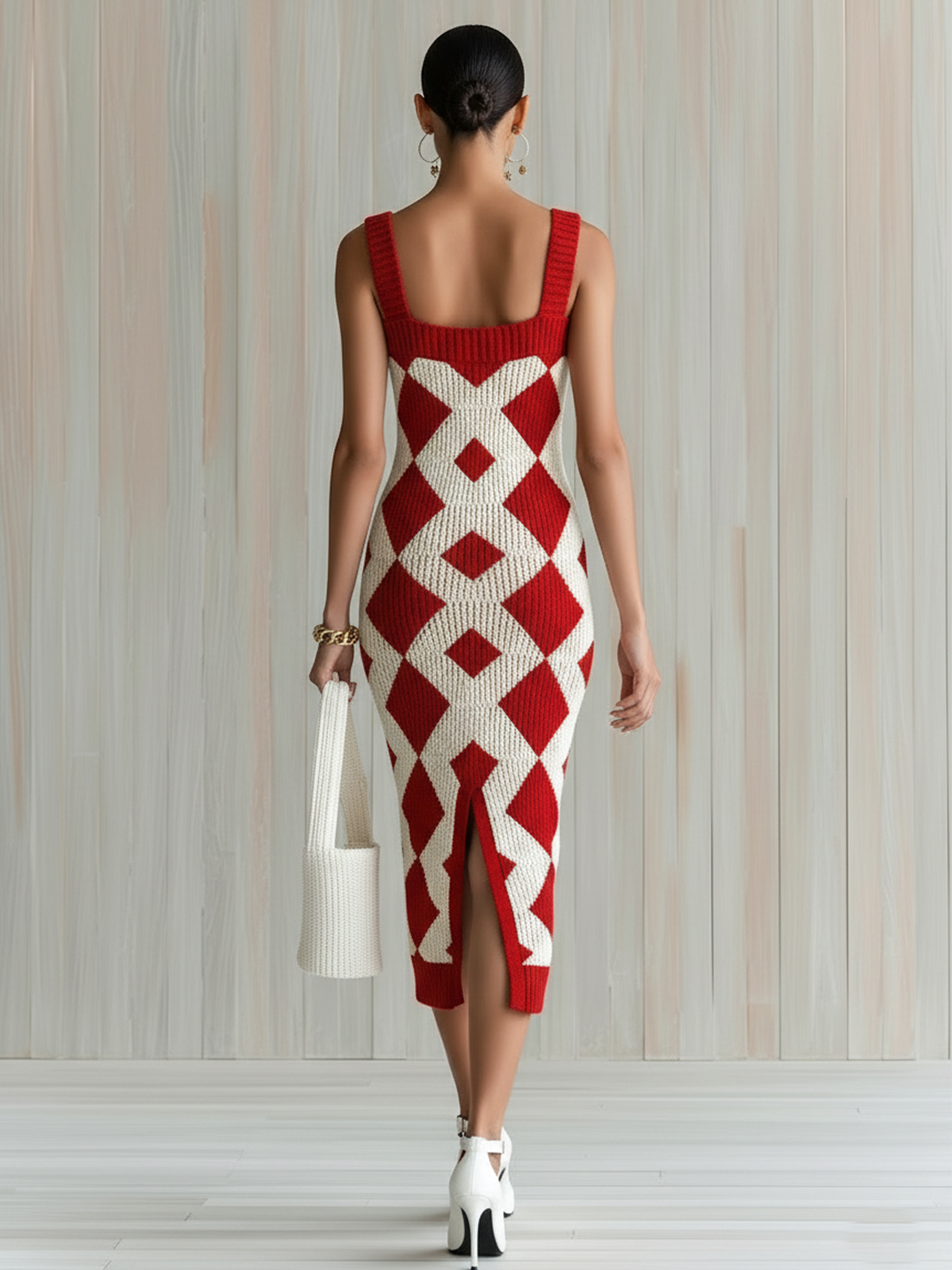 Chic Elegant Red-White Geometric Jacquard Strappy Sleeveless Slim-Fit Ribbed Knit Midi Dress
