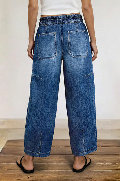Drawstring Patched Pocket High Waist Barrel Leg Crop Jeans
