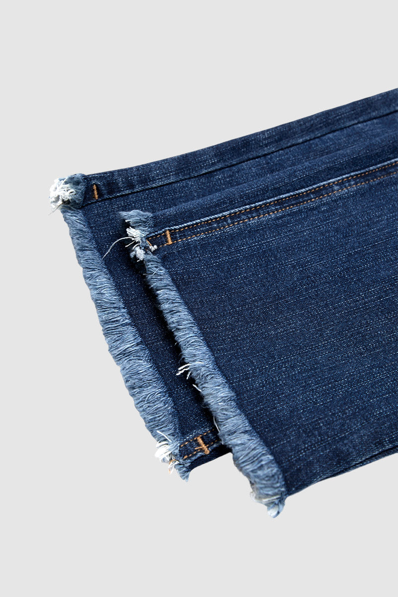 Wash Ripped Raw Hem Straight Leg Mid Rise Crop Jeans
