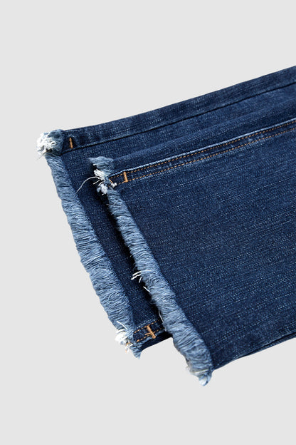 Wash Ripped Raw Hem Straight Leg Mid Rise Crop Jeans