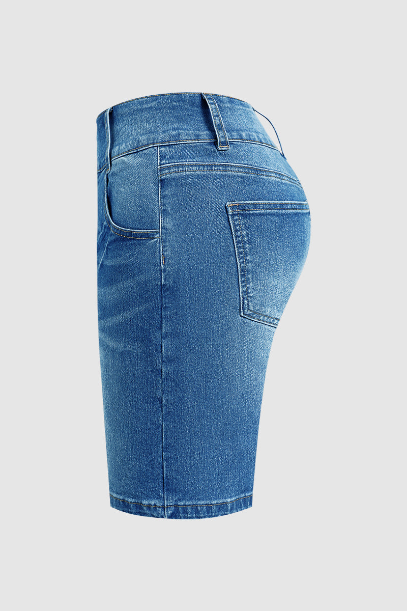 Asymmetrical Button Fly Mid Waist Denim Mid Thigh Shorts