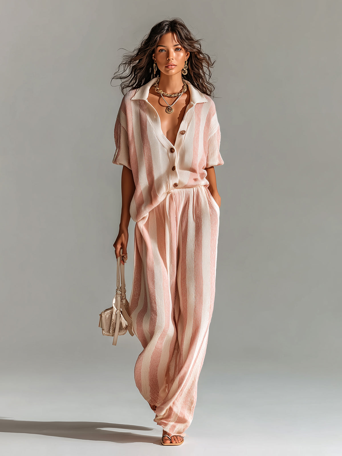 Chic Casual Pink-Beige Stripes Lapel Single-Breasted Short-Sleeve Top Wide-Leg Pants Ribbed Knit Two-Piece Set