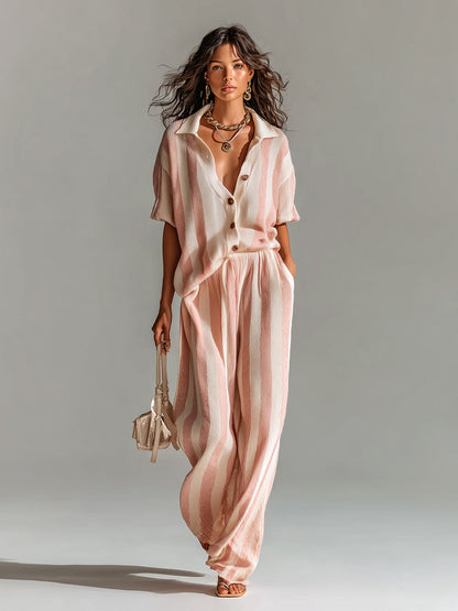 Chic Casual Pink-Beige Stripes Lapel Single-Breasted Short-Sleeve Top Wide-Leg Pants Ribbed Knit Two-Piece Set
