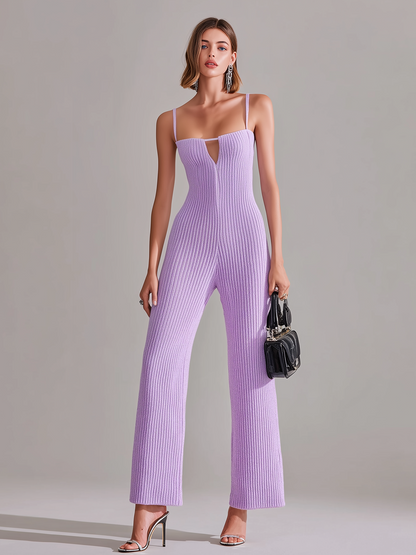 Stylish Elegant Light Purple Strappy Hollow-Out Wide-Leg Knit Jumpsuit