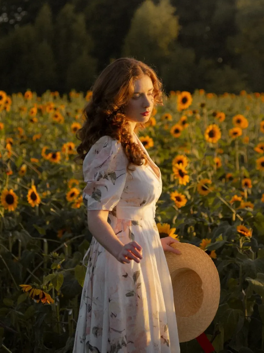 Robe longue en lin, manches ballon, col châle, fleurie, vintage, blanche