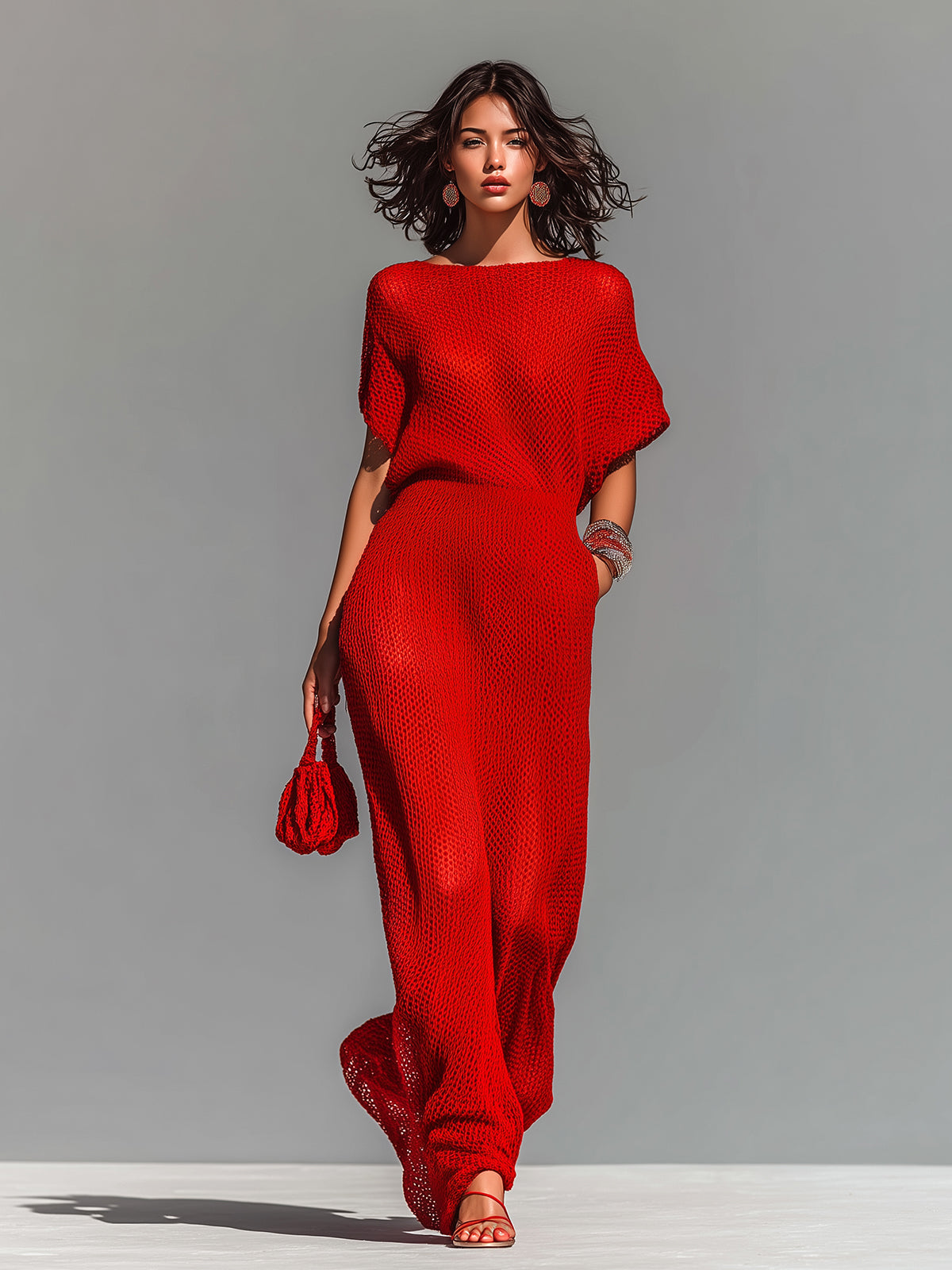 Chic Elegant Red Boat Neck Short-Sleeve Loose-Fit Breathable Knit Maxi Dress