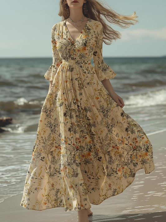 Robe longue en lin, Manches mi-longues, Col en V, Fleurie, Vintage, Été