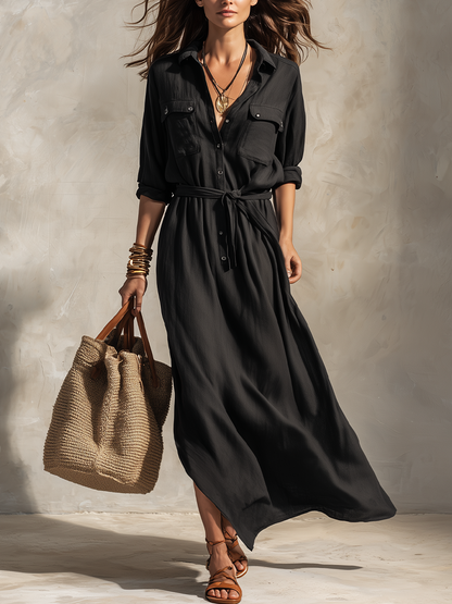 Robe longue chemise en lin ceinturée raffinée