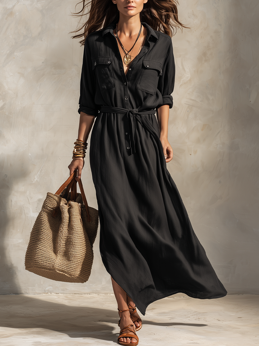 Robe longue chemise en lin ceinturée raffinée