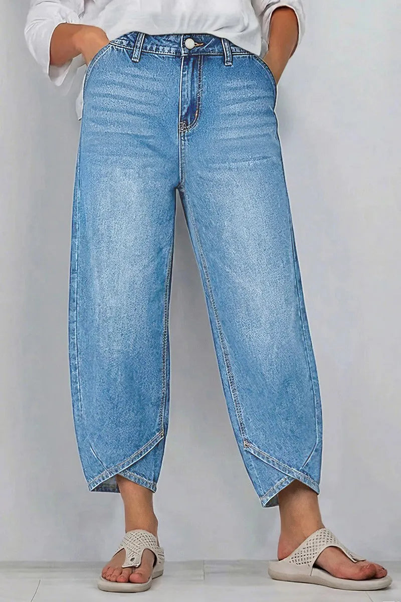 Wash Tulip Hem High Rise Straight Leg Crop Jeans