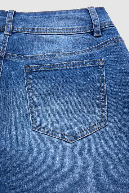Wash Stitch Detail Mid Waist Denim Mid Thigh Shorts