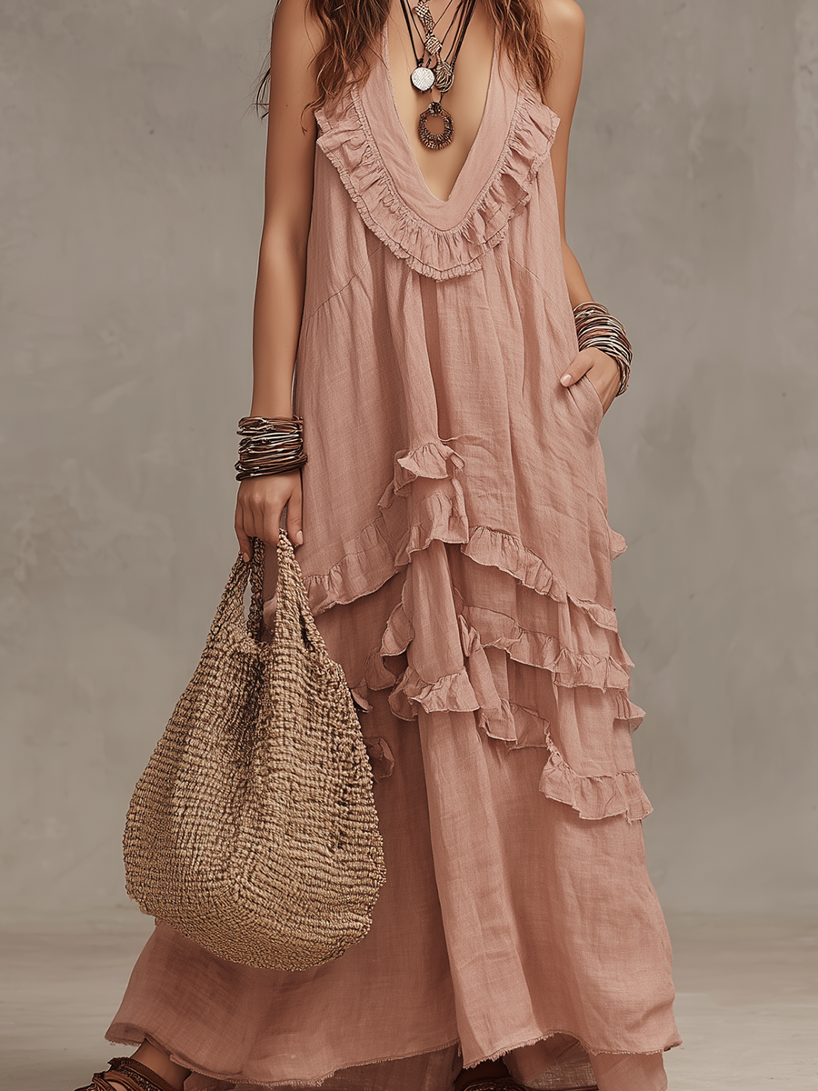 Robe longue bohème romantique à volants étagés rose poudré