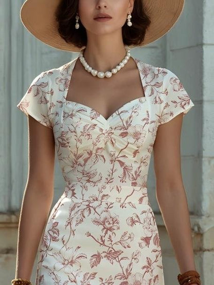 Robe midi en lin, manches courtes, encolure cœur, florale, volants, vintage, bleue