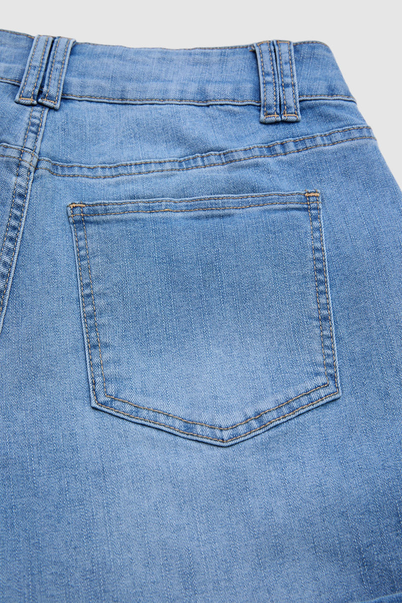Roll Hem Floral Embroidery Mid Waist Denim Shorts