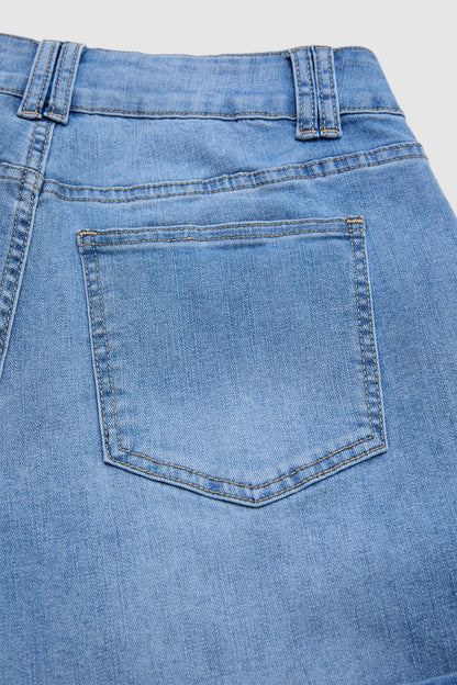 Roll Hem Floral Embroidery Mid Waist Denim Shorts