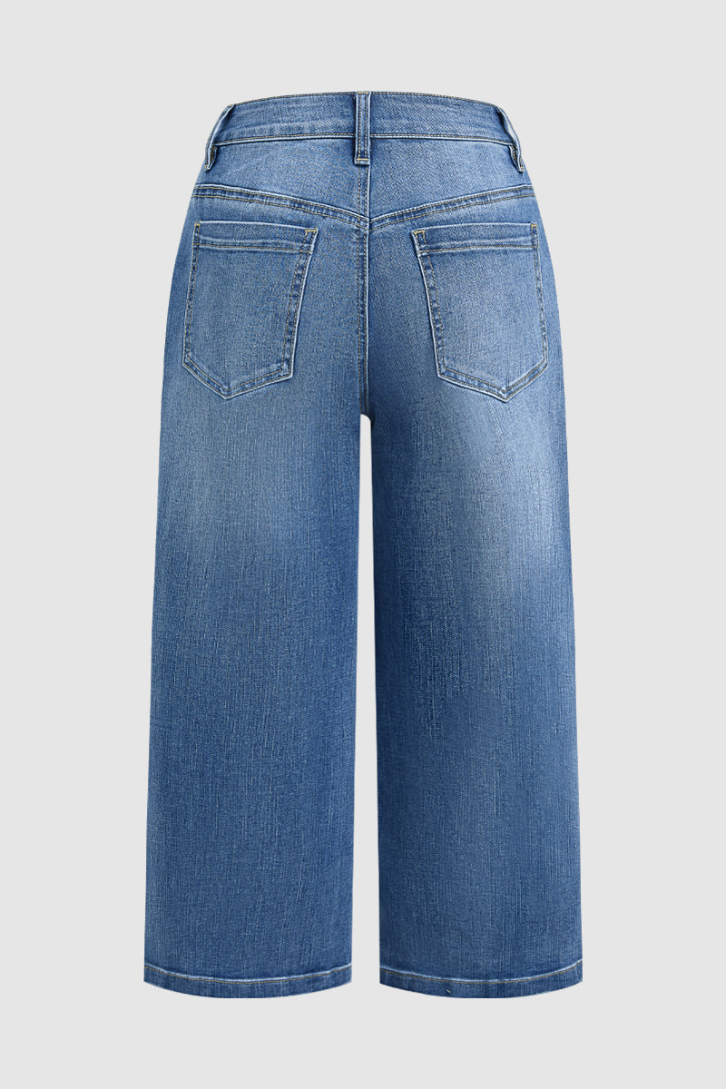 Wash Stitch Detail Mid Waist Wide Leg Capri Jeans Without Belt