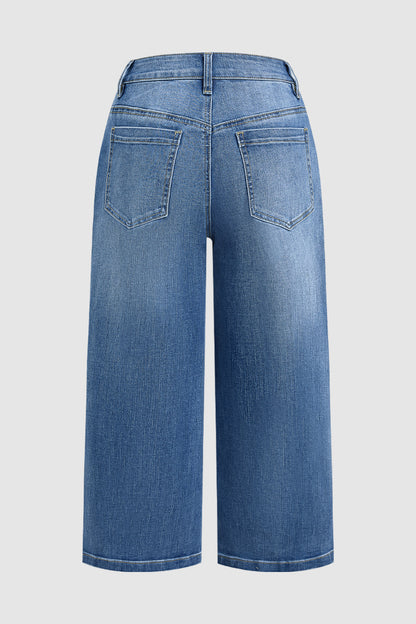 Wash Stitch Detail Mid Waist Wide Leg Capri Jeans Without Belt