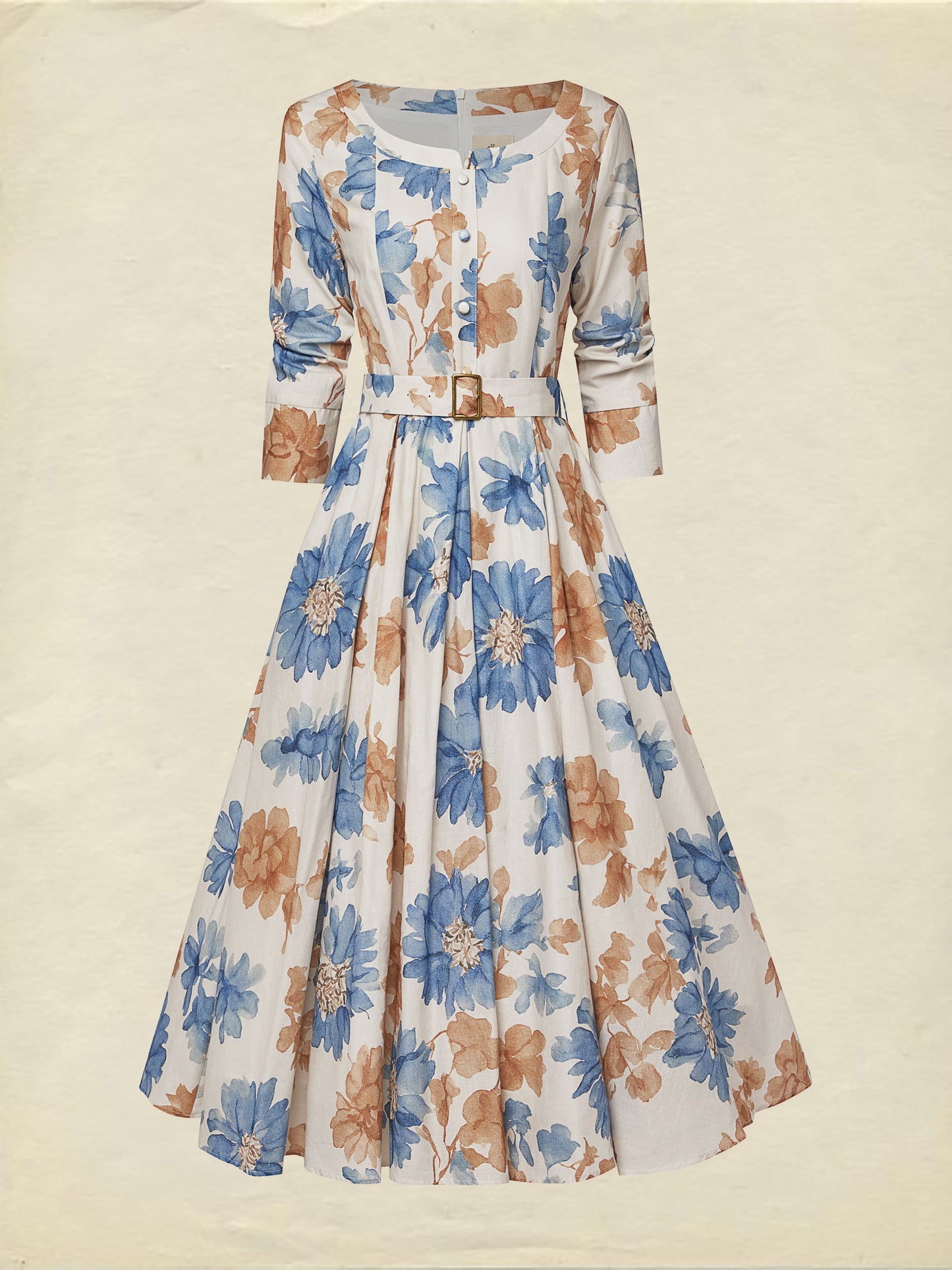 Robe Midi en Coton, Manches Mi-Longues, Col Rond, Imprimé Floral, Ceinture, Vintage, Kaki