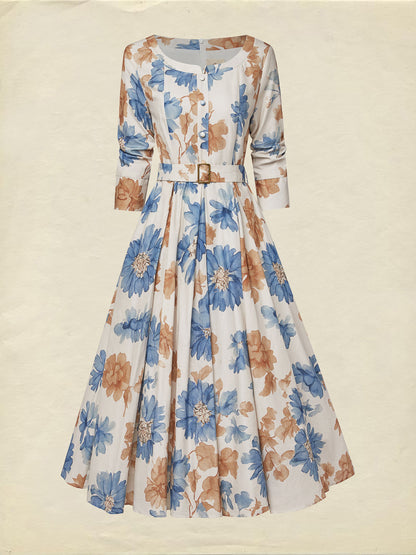 Robe Midi en Coton, Manches Mi-Longues, Col Rond, Imprimé Floral, Ceinture, Vintage, Kaki