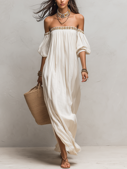 Robe longue plissée ivoire bohème à épaules dénudées