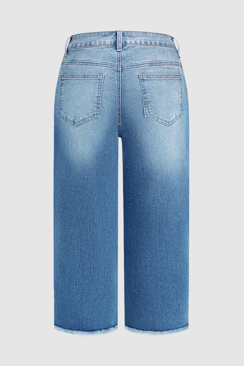 Raw Hem Ripped Button Fly Mid Waist Straight Leg Crop Jeans