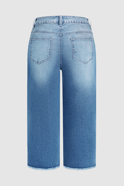 Raw Hem Ripped Button Fly Mid Waist Straight Leg Crop Jeans