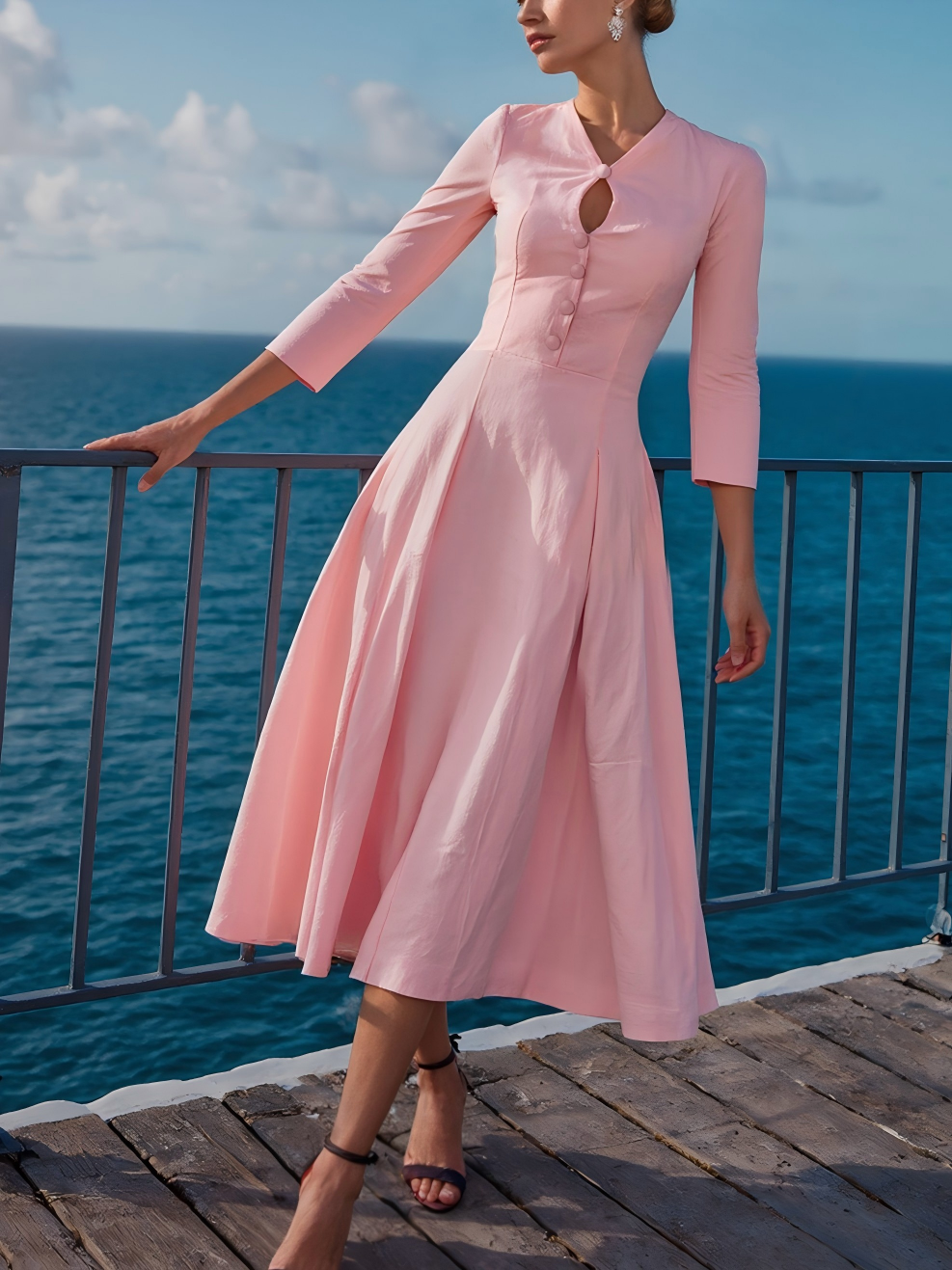 Robe midi en coton, manches courtes, col en V, unie, boutons décoratifs, style vintage français, rose