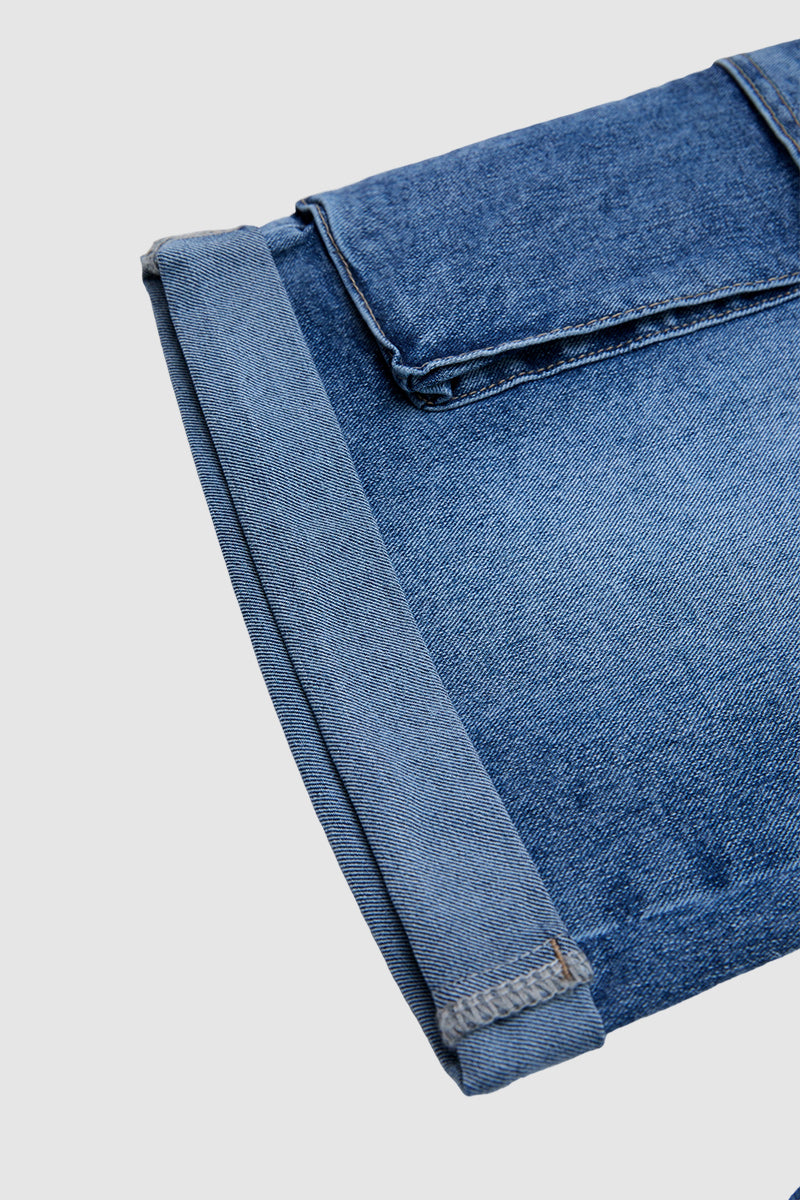 Wash Flap Pocket Roll Hem Belted High Rise Denim Bermuda Shorts