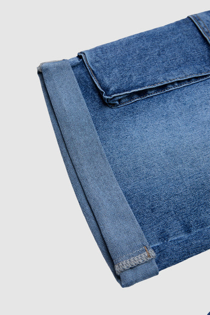 Wash Flap Pocket Roll Hem Belted High Rise Denim Bermuda Shorts
