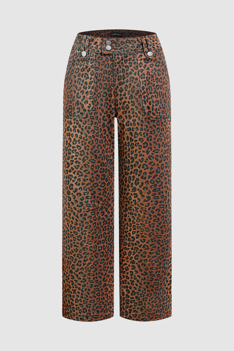 Leopard Print Patch Pocket High Waist Straight Leg Pants