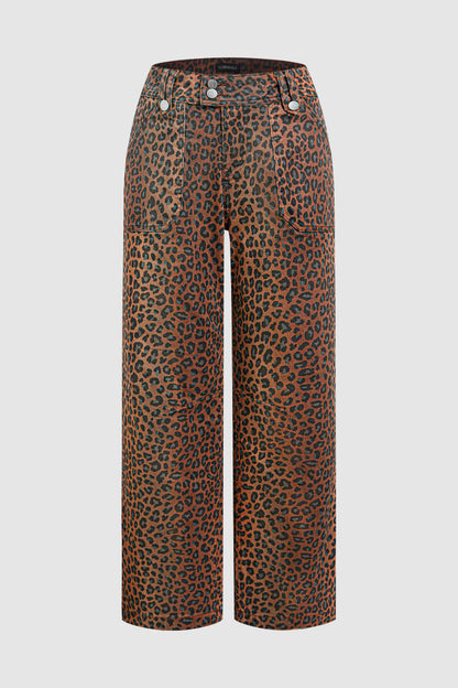 Leopard Print Patch Pocket High Waist Straight Leg Pants