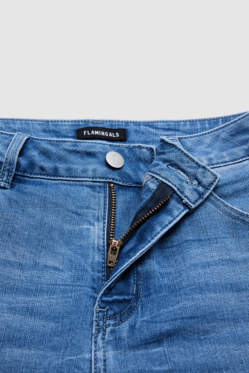Roll & Raw Hem Criss Cross Mid Waist Straight Leg Capri Jeans
