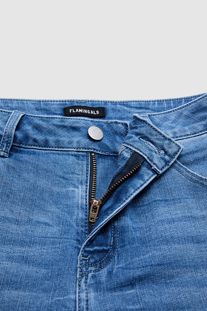 Roll & Raw Hem Criss Cross Mid Waist Straight Leg Capri Jeans