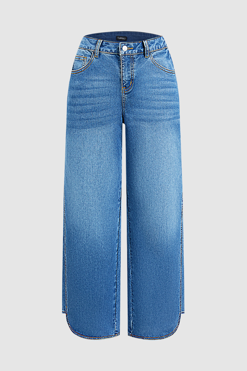 Wash Seam Side Split Hem High Rise Wide Leg Jeans