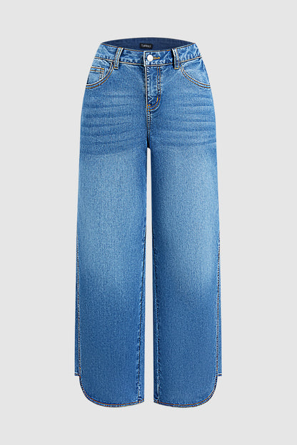 Wash Seam Side Split Hem High Rise Wide Leg Jeans