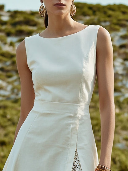 Robe midi en lin, sans manches, col rond, unie, dentelle, style vintage français, blanche
