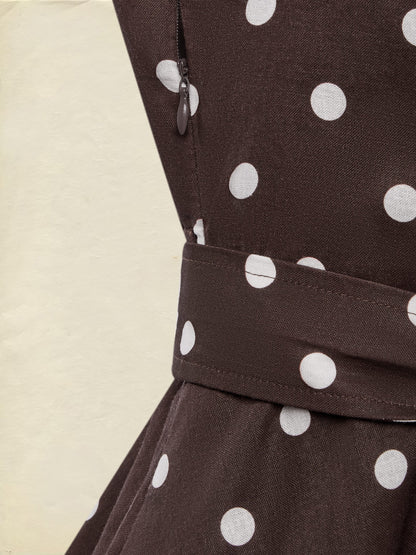 Robe midi en coton, sans manches, col châle, à pois, boutonnée, style vintage français, couleur café