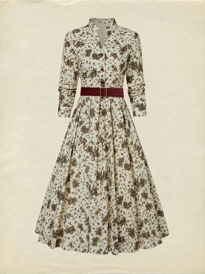 Robe Midi en Lin, Manches Longues, Col Châle, Imprimé Floral, Ceinturée, Vintage, Abricot