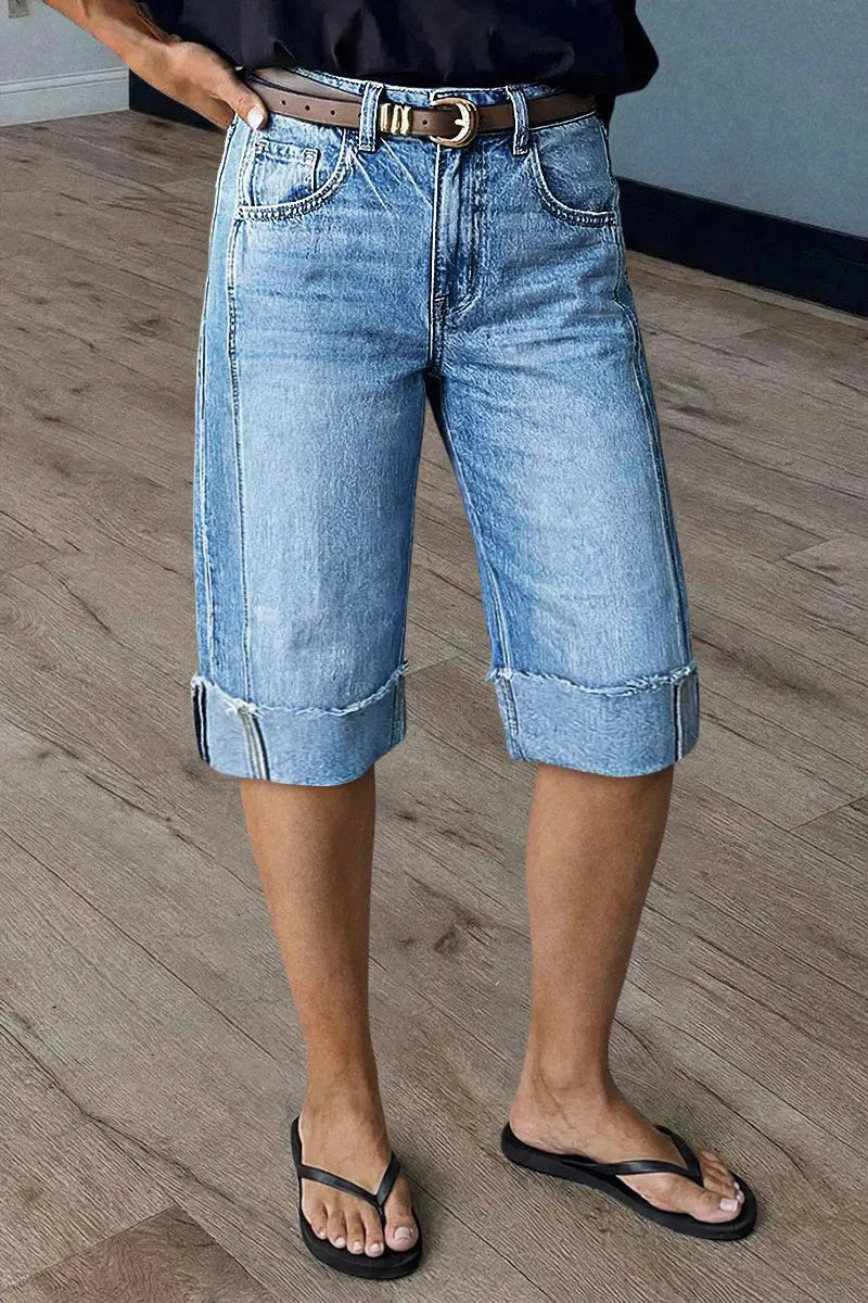 Seam Front Raw Hem High Rise Denim Bermuda Shorts Without Belt