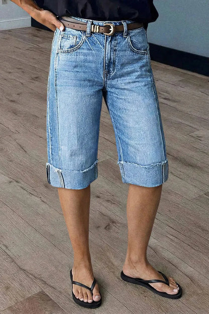 Seam Front Raw Hem High Rise Denim Bermuda Shorts Without Belt