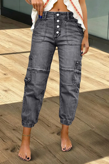 Multi Pocket Button Fly Mid Rise Straight Leg Crop Jeans Without Belt