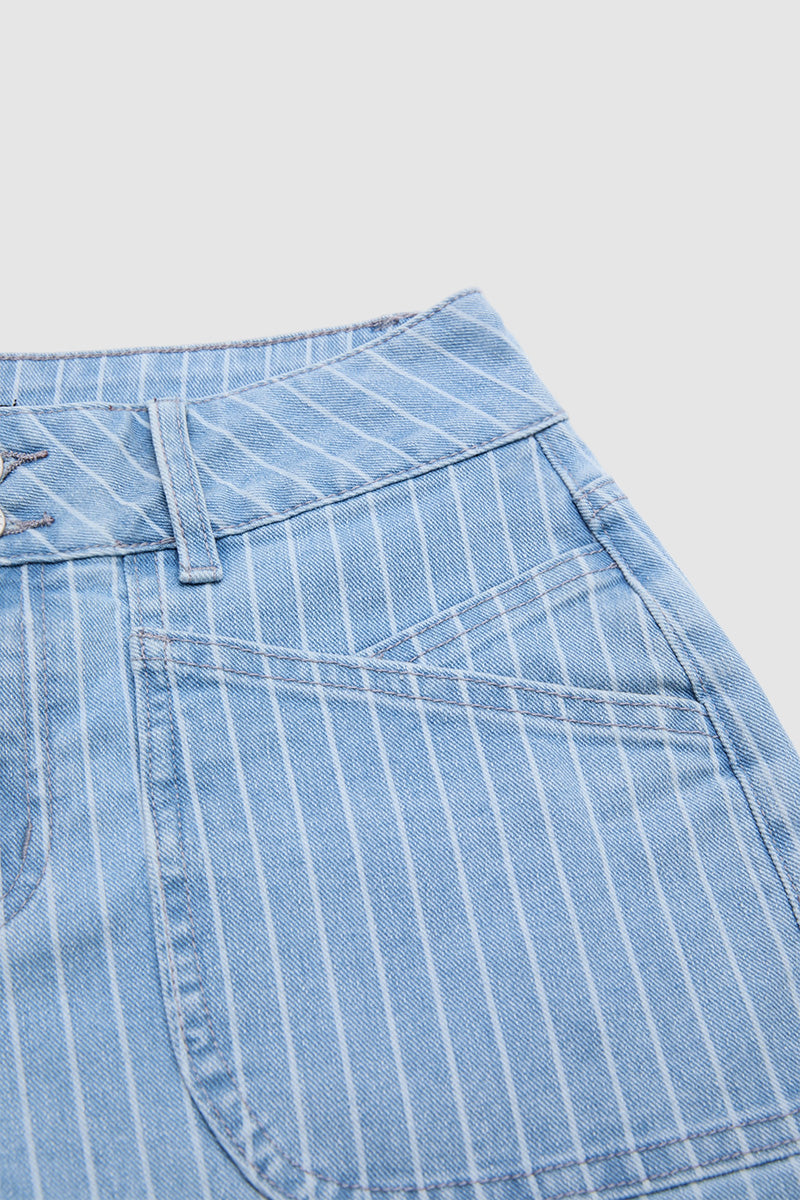 Pinstriped Roll Hem Mid Waist Denim Mid Thigh Shorts