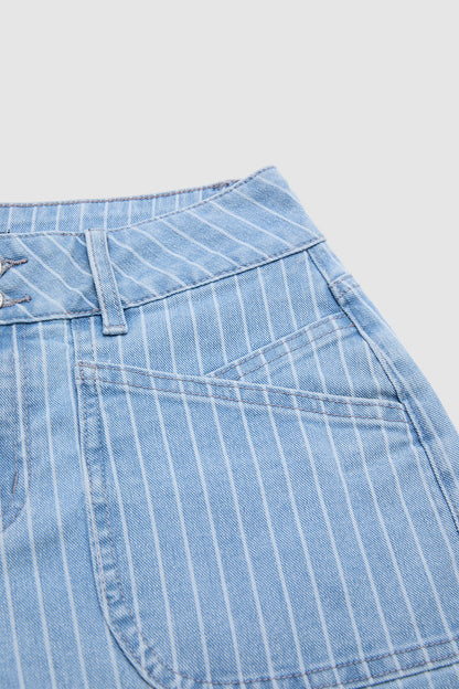 Pinstriped Roll Hem Mid Waist Denim Mid Thigh Shorts
