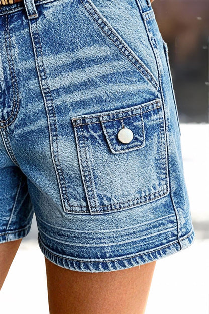 Wash Patch Pocket Mid Rise Denim Shorts Without Belt