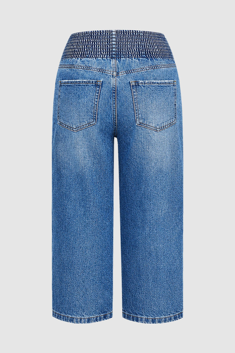 Raw Hem Elastic Mid Waist Straight Leg Capri Jeans