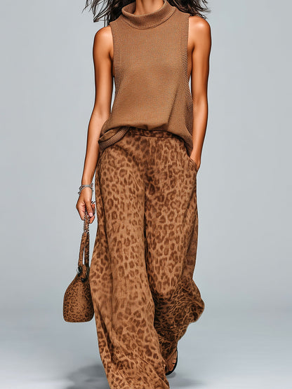 Chic Casual Brown Leopard Jacquard Mock Neck Sleeveless Loose-Fit Vest Wide-Leg Pants Knit Two-Piece Set