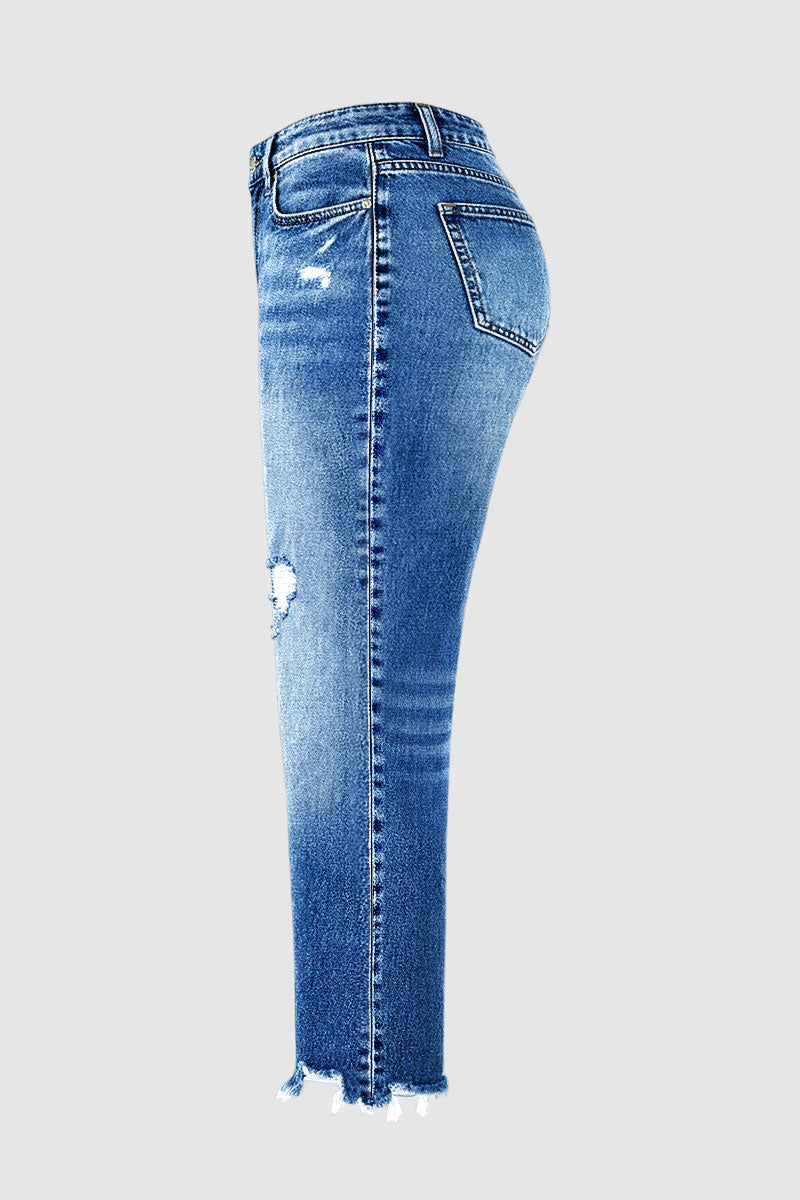 Wash Ripped Raw Hem Mid Rise Straight Leg Crop Jeans Without Belt